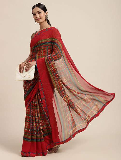 check printed saree with blouse - 18206131 - Very Small Image - 1