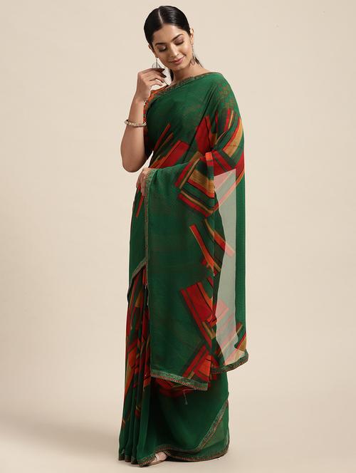 green georgette printed saree - 18206132 - Very Small Image - 1
