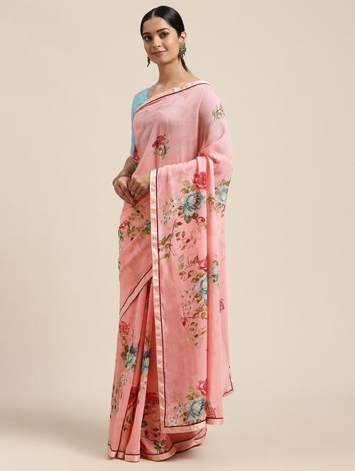 floral printed saree with blouse - 18206137 - Very Small Image - 1