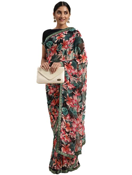 floral printed saree with blouse - 18206139 - Very Small Image - 1