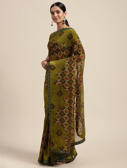 olive printed saree with blouse - 18206140 - Very Small Image - 1