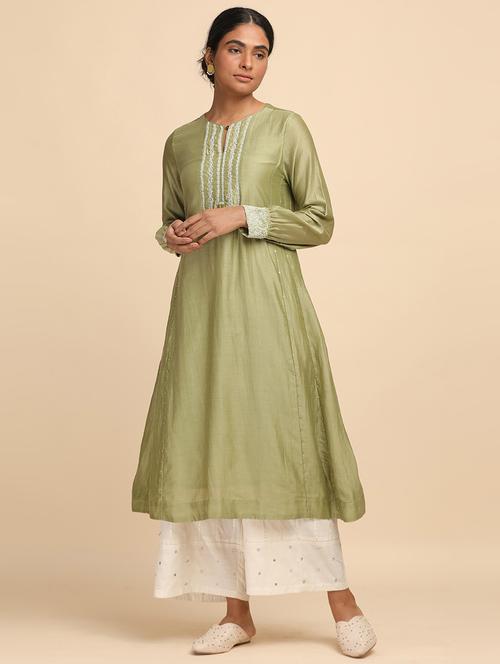 green cotton blend a-line kurta - 18206740 - Very Small Image - 1