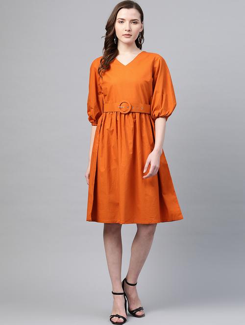 orange solid a-line dress - 18206970 - Very Small Image - 1