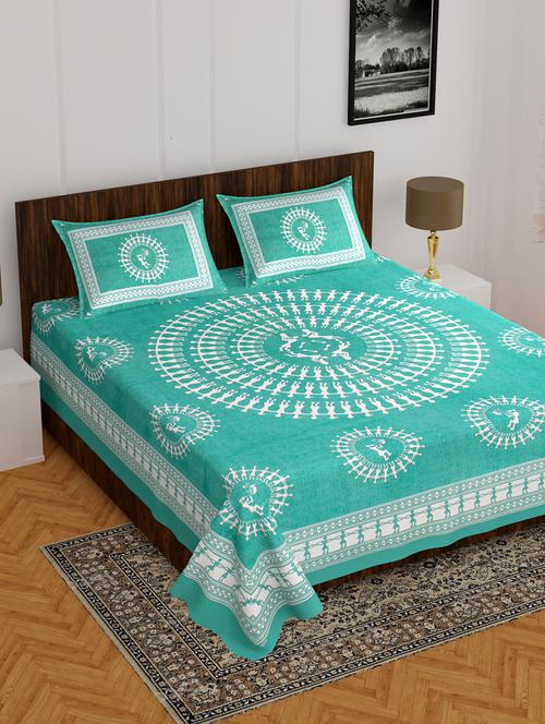 divamee jaipuri print cotton double bedsheet with 2 pillow covers -color resistance - 18210126 - Very Small Image - 1