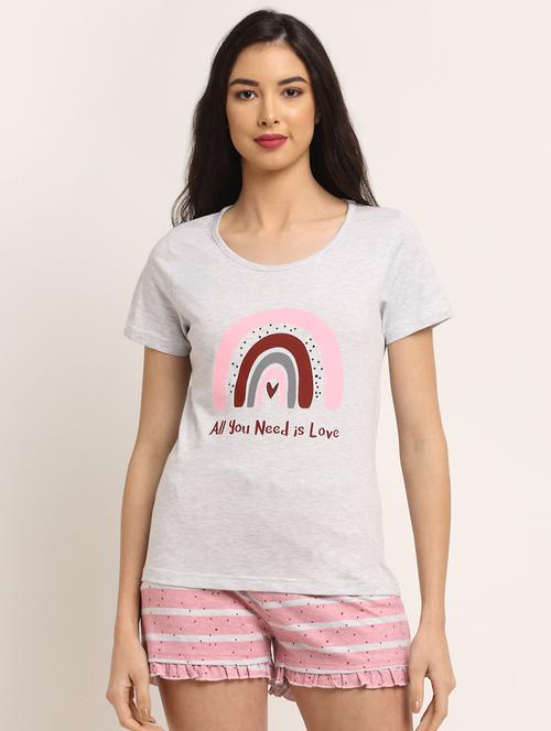 round neck printed nightwear shorts set - 18210256 - Very Small Image - 1