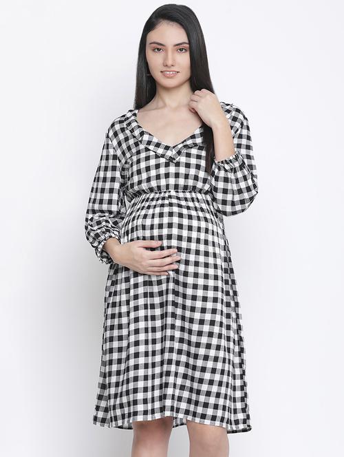 v-neck checkered a-line dress - 18210700 - Very Small Image - 1