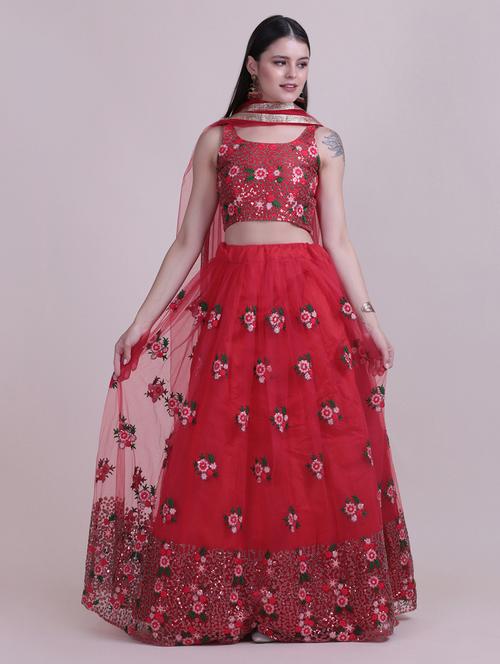 red silk flared lehenga - 18210832 - Very Small Image - 1