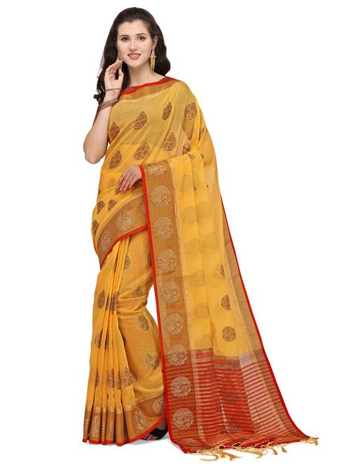 yellow silk blend banarasi saree with blouse - 18211637 - Very Small Image - 1