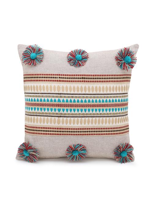 mezposh beige & multi polycotton chambray & jacquard colorblocked & striped cushion cover with pompoms (16x16in) set of 2 - 18212310 - Very Small Image - 1