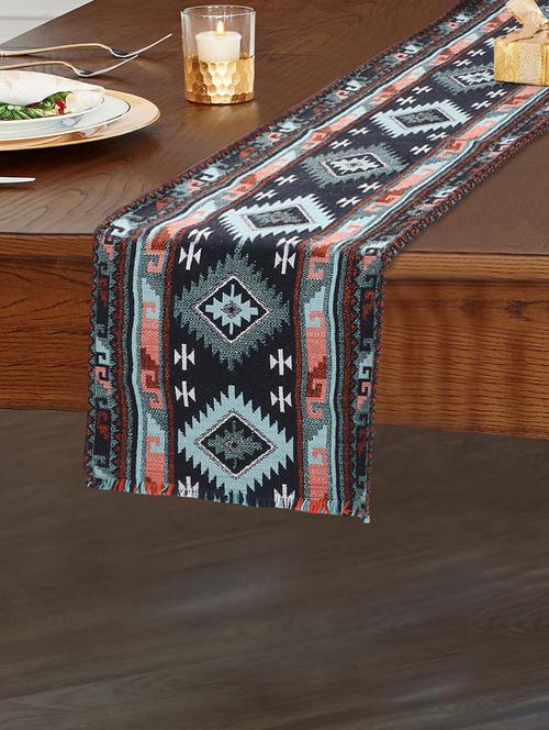 mezposh tribal blue & multi polycotton jacquard 4 seater geometric table runner with textured (140x40 cm) - 18212352 - Very Small Image - 1
