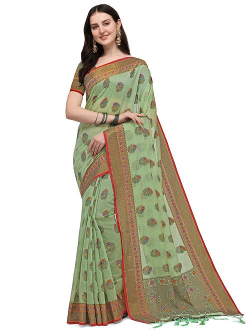 green silk blend banarasi saree with blouse - 18212357 - Very Small Image - 1