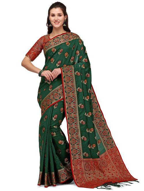green silk blend banarasi saree with blouse - 18212369 - Very Small Image - 1