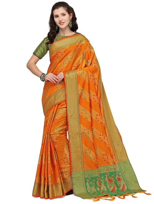 orange silk blend banarasi saree with blouse - 18212371 - Very Small Image - 1