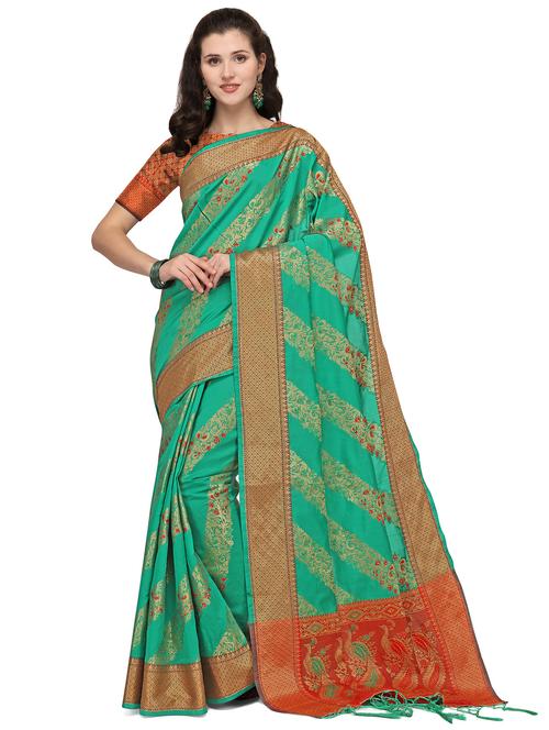 green silk blend banarasi saree with blouse - 18212373 - Very Small Image - 1