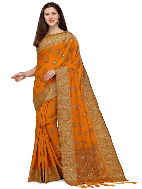 orange silk blend banarasi saree with blouse - 18212550 - Very Small Image - 1
