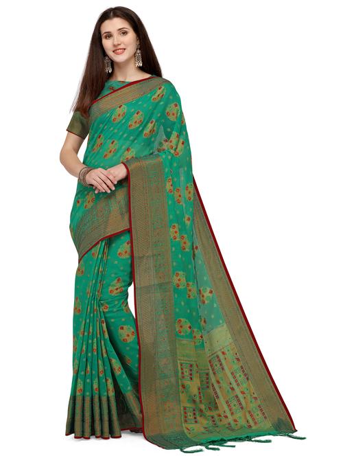 green silk blend banarasi saree with blouse - 18212569 - Very Small Image - 1
