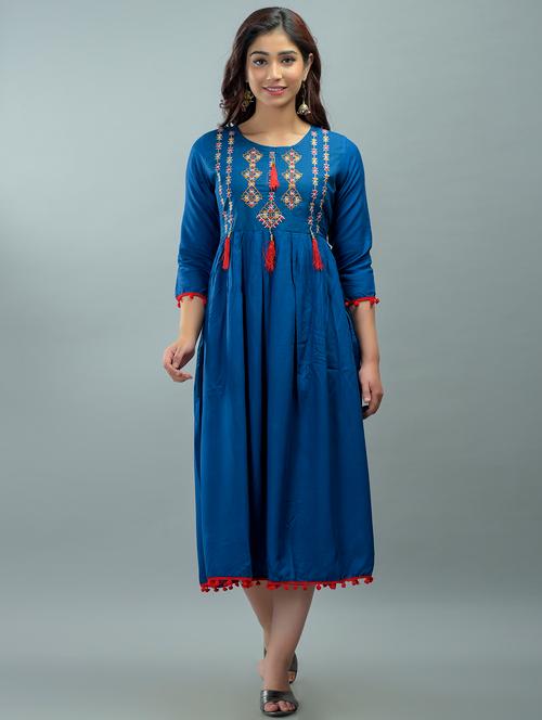 blue rayon flared ethnic dress - 18212596 - Very Small Image - 1