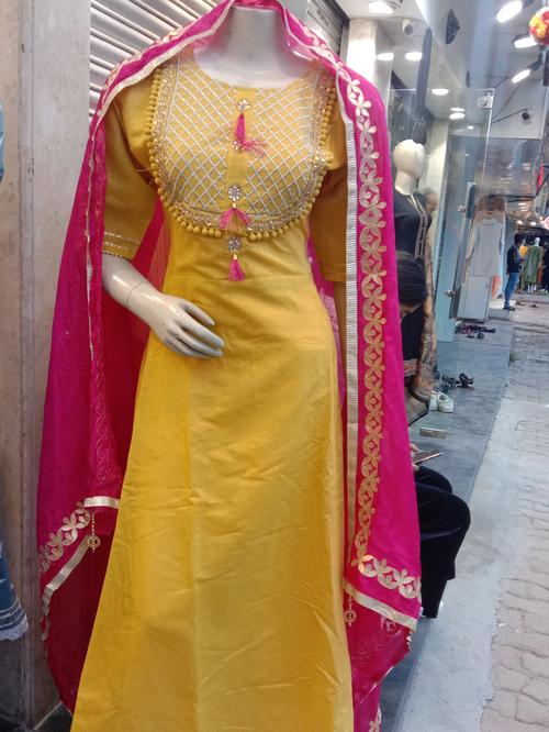 yellow chanderi suits with dupatta - 18212654 - Very Small Image - 1