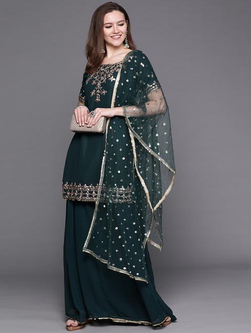 teal georgette kurta sharara set - 18212896 - Very Small Image - 1