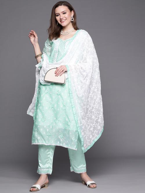 turquoise chanderi kurta pant set - 18212913 - Very Small Image - 1