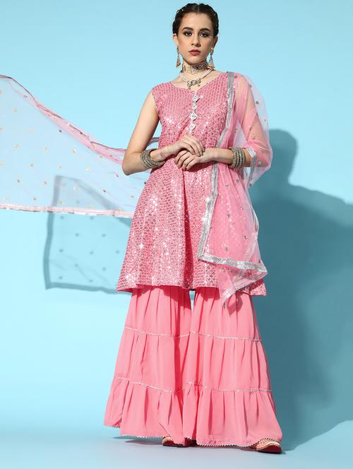 pink georgette kurta churidaar set - 18212916 - Very Small Image - 1