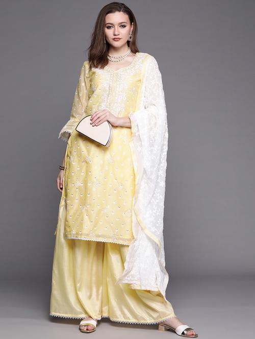 yellow chanderi kurta sharara set - 18212917 - Very Small Image - 1