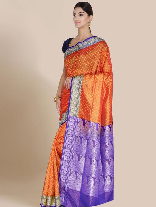 orange art silk banarasi saree with blouse - 18212946 - Very Small Image - 1
