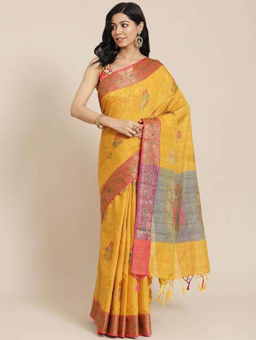 mustard silk blend chanderi saree with blouse - 18212971 - Very Small Image - 1