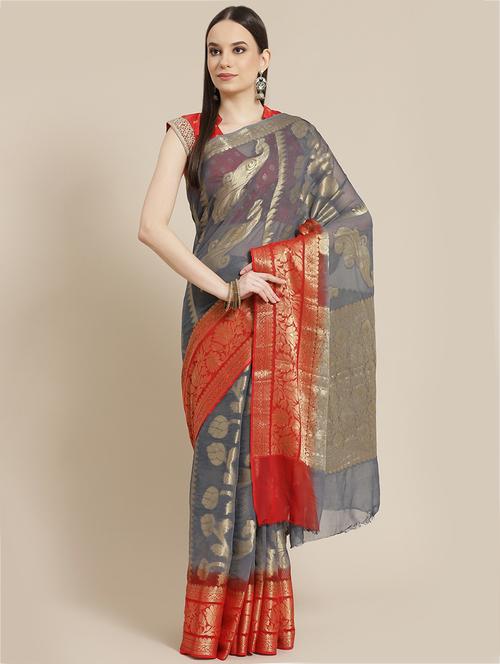 grey georgette handloom saree with blouse - 18212996 - Very Small Image - 1