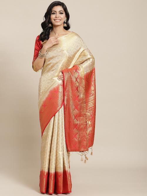 cream art silk banarasi saree with blouse - 18213020 - Very Small Image - 1