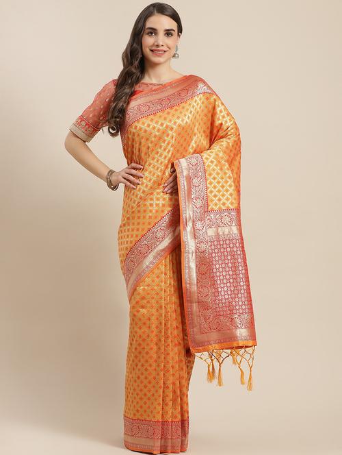 orange art silk banarasi saree with blouse - 18213047 - Very Small Image - 1