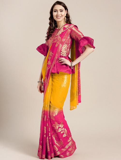 yellow georgette banarasi saree with blouse - 18213053 - Very Small Image - 1