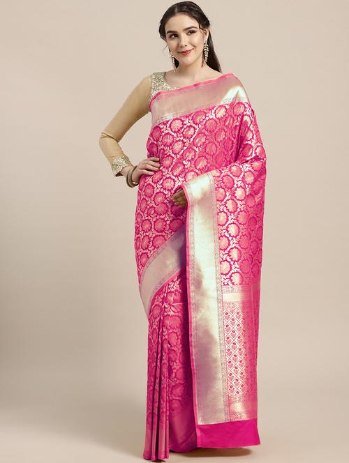 pink silk blend kanjivaram saree with blouse - 18213056 - Very Small Image - 1