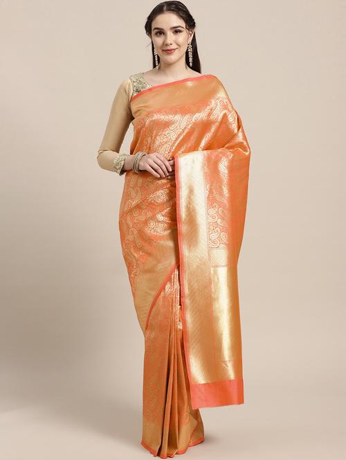 orange silk blend kanjivaram saree with blouse - 18213057 - Very Small Image - 1