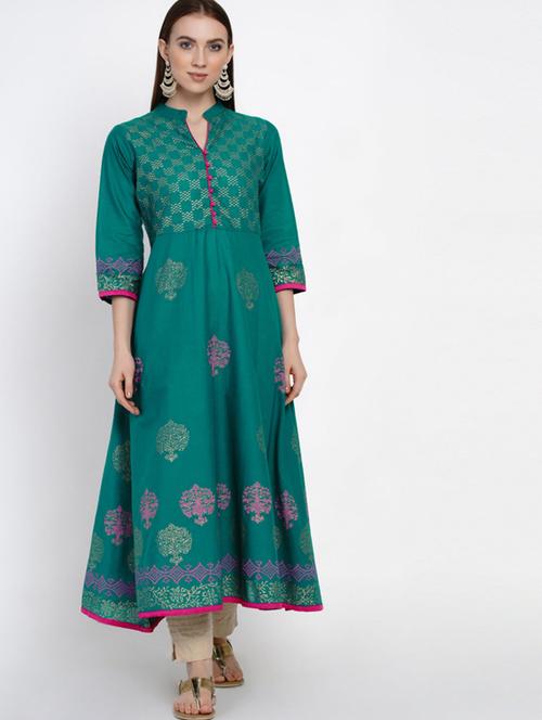 green printed flared kurta - 18213277 - Very Small Image - 1