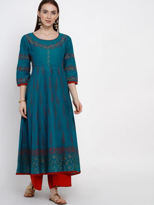 green printed flared kurta - 18213285 - Very Small Image - 1