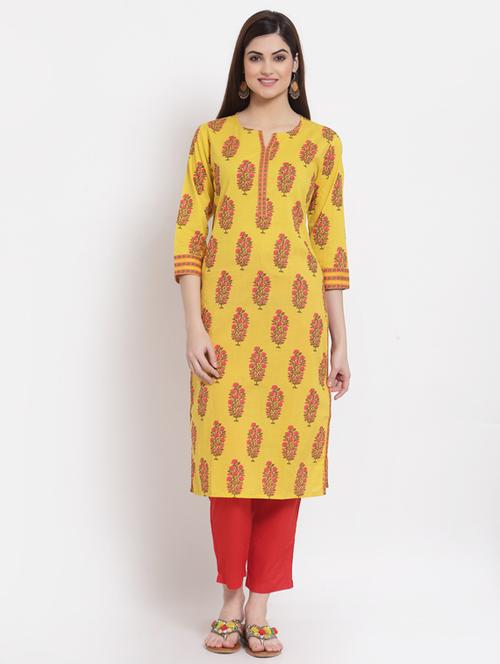 yellow cotton straight kurta - 18213313 - Very Small Image - 1