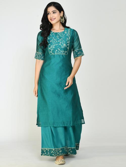 green silk kurta sharara set - 18213334 - Very Small Image - 1