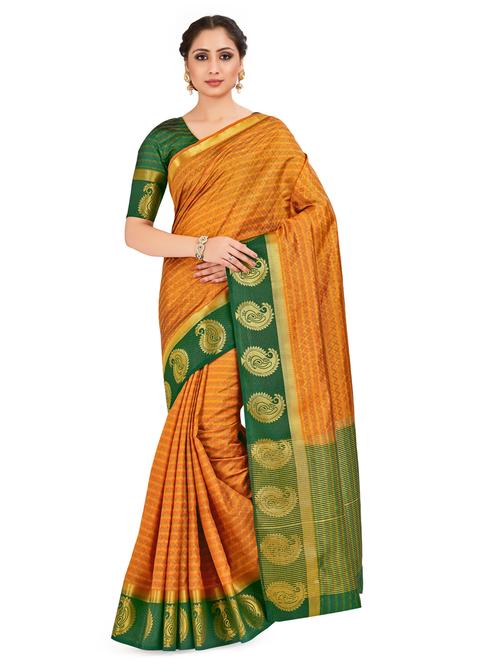 orange art silk kanjivaram saree with blouse - 18214223 - Very Small Image - 1
