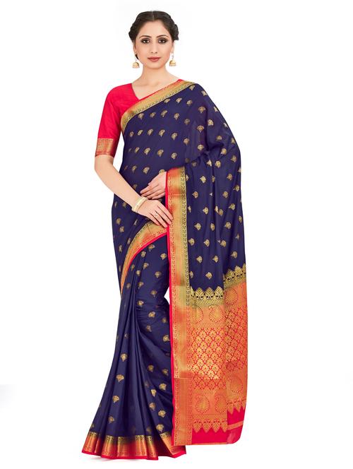navy crepe mysore silk saree with blouse - 18214226 - Very Small Image - 1