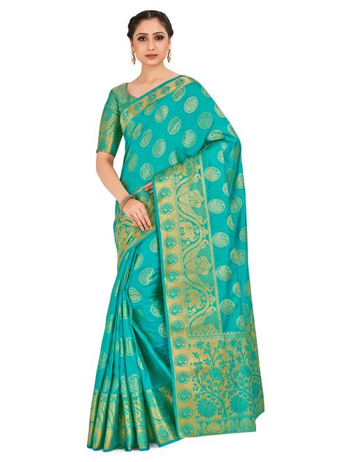 turquoise art silk kanjivaram saree with blouse - 18214269 - Very Small Image - 1
