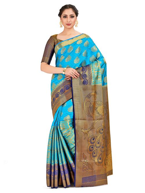turquoise art silk kanjivaram saree with blouse - 18214320 - Very Small Image - 1