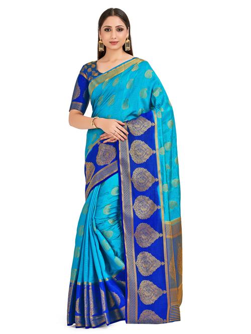 turquoise tussar silk banarasi saree with blouse - 18214321 - Very Small Image - 1