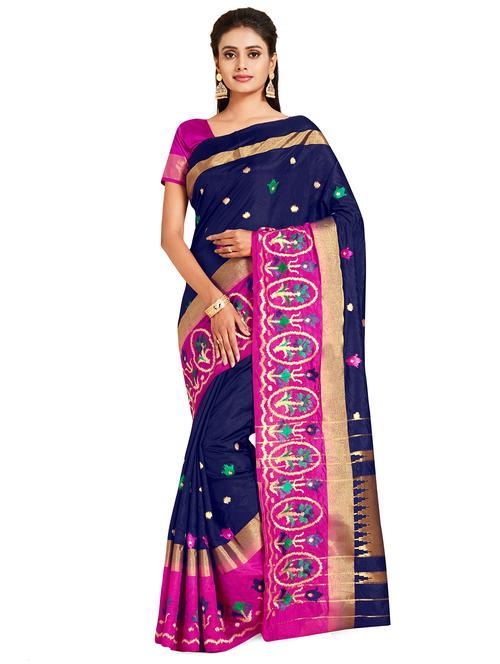 women's self design navy blue colored saree with blouse - 18214391 - Very Small Image - 1