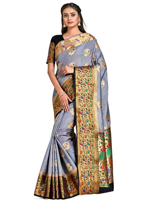 grey art silk kanjivaram saree with blouse - 18214466 - Very Small Image - 1