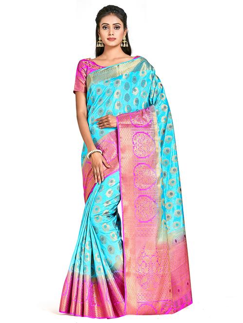 turquoise art silk kanjivaram saree with blouse - 18214469 - Very Small Image - 1