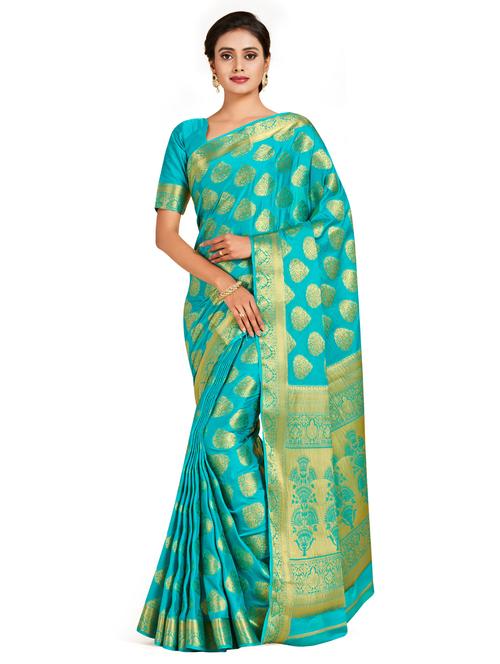 turquoise crepe mysore silk saree with blouse - 18214474 - Very Small Image - 1
