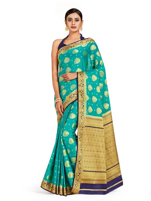 turquoise crepe mysore silk saree with blouse - 18214581 - Very Small Image - 1
