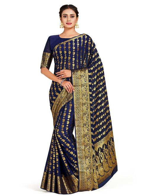 navy chiffon banarasi saree with blouse - 18214617 - Very Small Image - 1