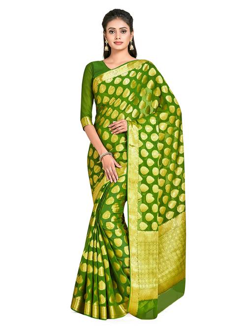 olive. chiffon banarasi saree with blouse - 18214665 - Very Small Image - 1